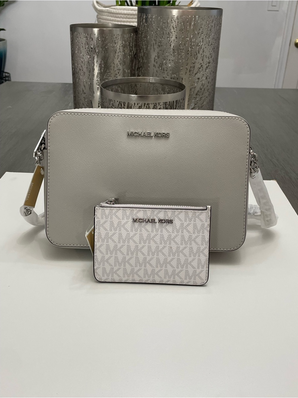 Michael Kors Jet Set Large Crossbody Aluminum + ID Card Case